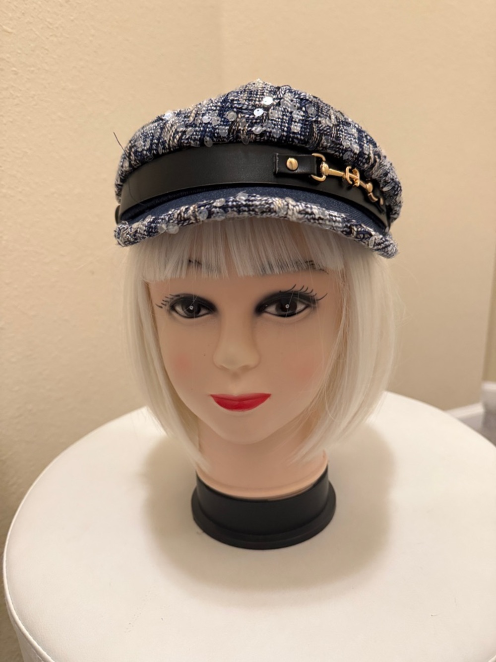 #268. Women’s Navy Tweed Baker Boy Cap with Gold Accent